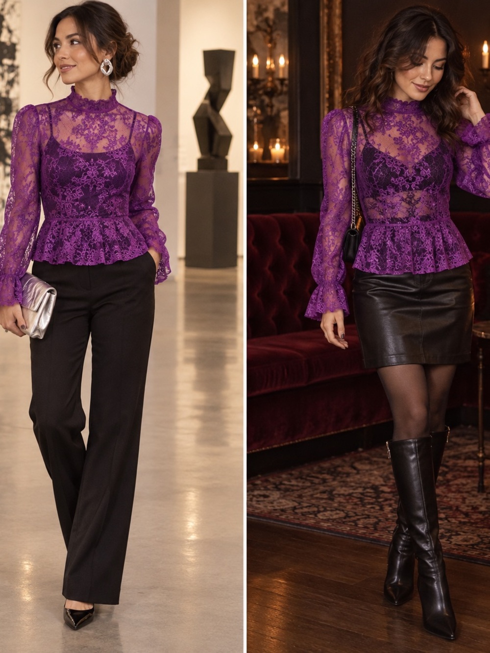 Banana Republic Petite M Purple Sheer Lace Peplum Ruffle Blouse